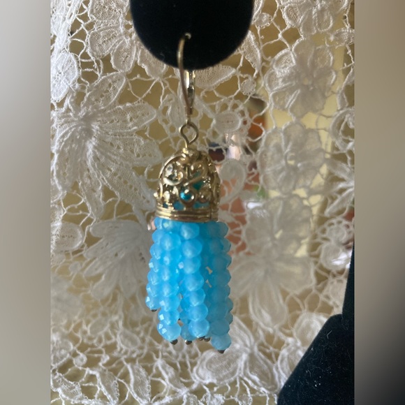 Tassel Earrings with Baby Blue Crystals 2 1/4” Fun! - Picture 2 of 7
